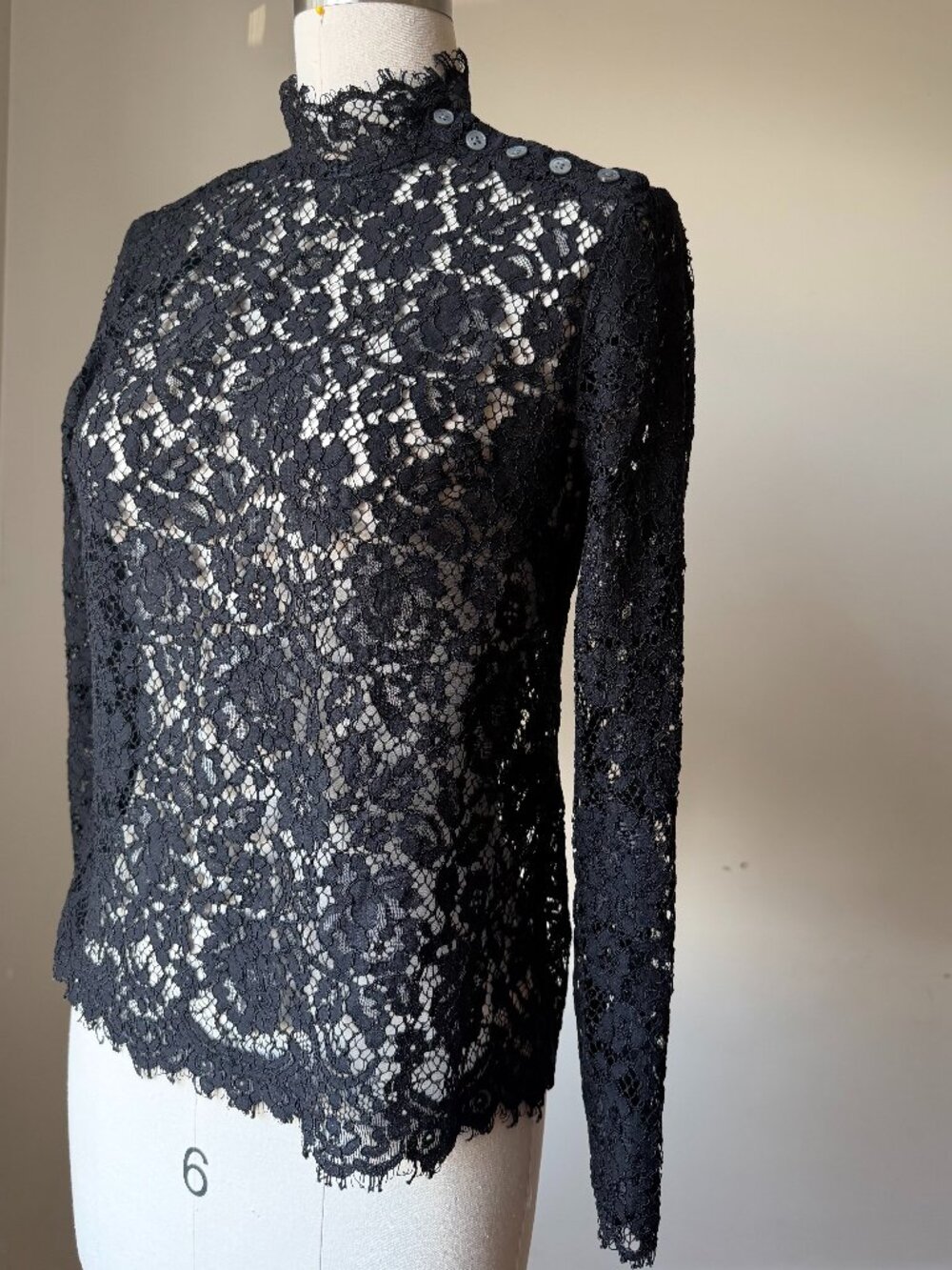 J Crew Black Lace Top | High Neck Long Sleeve | Size 6 | Floral Lace Blouse